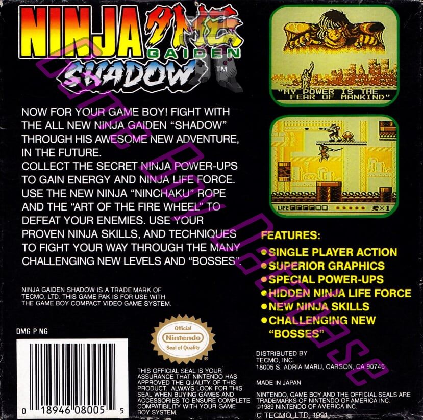 Ninja Gaiden Shadow USA Back of the box