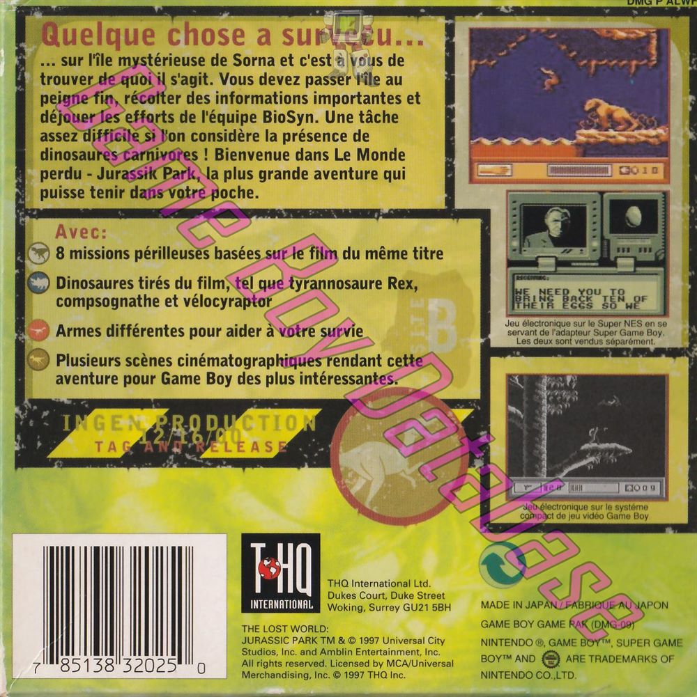 Jurassic Park Le Monde Perdu FAH Back of the box