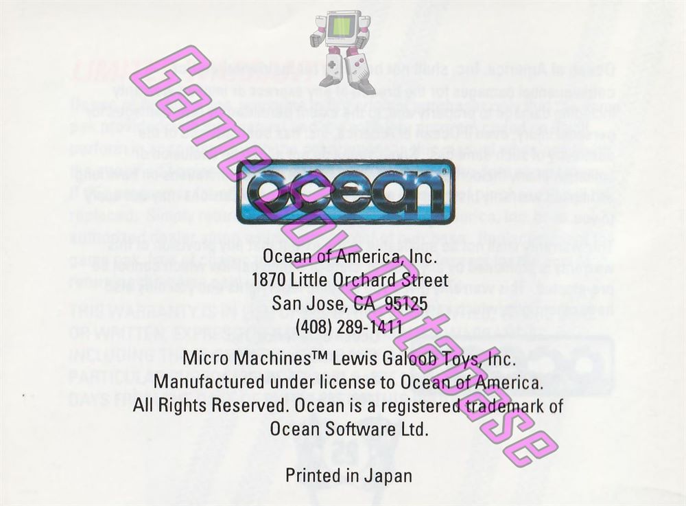 Micro Machines USA Back of the booklet