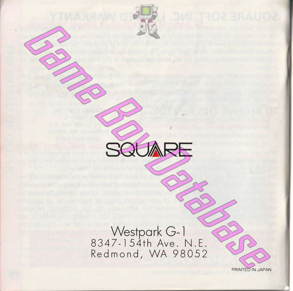 Final Fantasy Legend (the) USA Back of the booklet